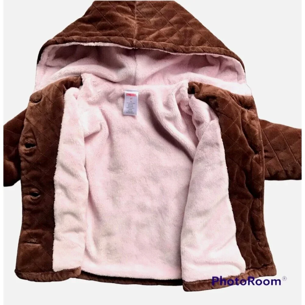 Gymboree Brown Quilted Plush Pink Fleece Lined Hooded Jacket Size 4T - Picture 4 of 4